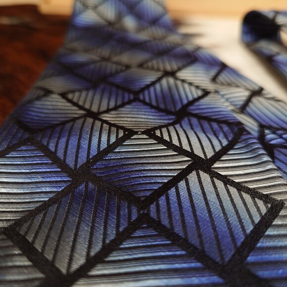 Zylos Platinum by George Machado Blue and Black Striped Squares Silk Tie - Picture 2 of 4